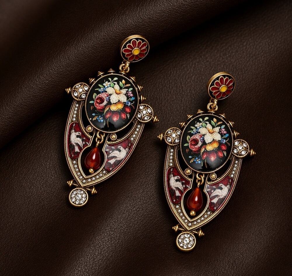 Museum Dove Bird Earrings Pigeon Flower VTG Palace Gold Court Medallion Boho CZ